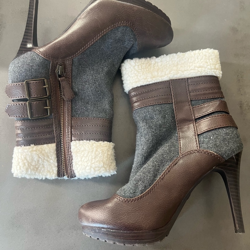 Elle Boots Ankle Gray & Brown - Faux Fur Trim High Heel Women's Sz. 6